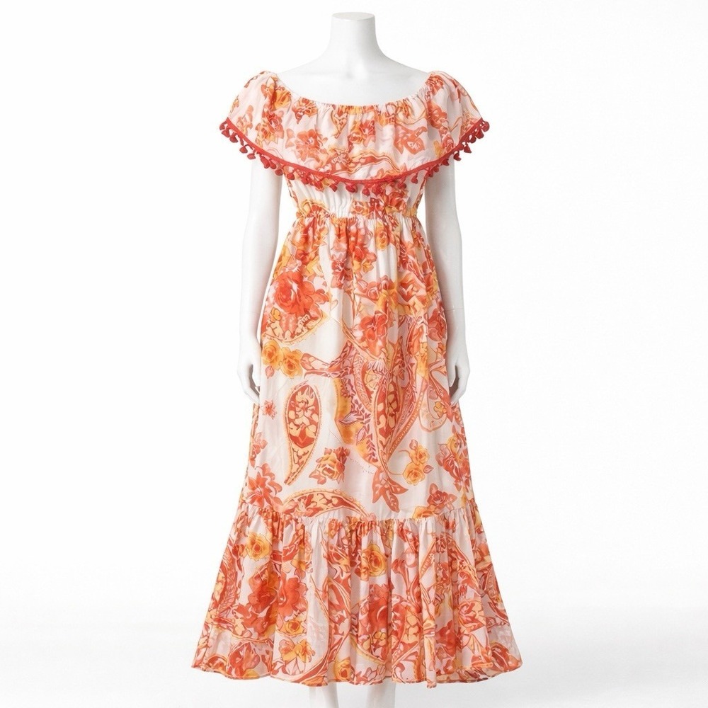 Flying Tomato Maxi Dress Small Off Shoulder Boho Tassel Hem Floral Paisley